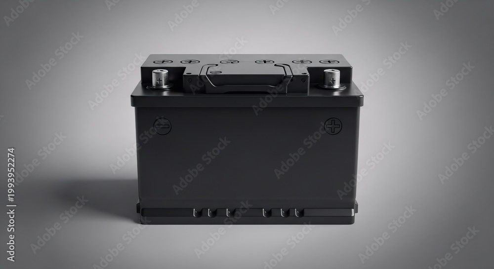 Fototapeta premium A standard 12 volt battery for automotive and industrial power supply systems rendered in a studio setting against a clean professional gray background