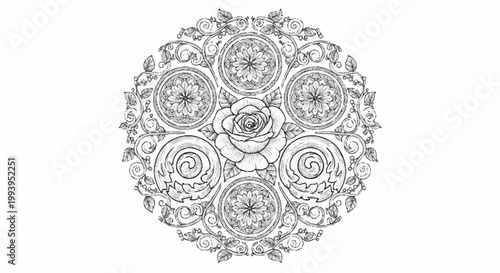 Intricate Circular Floral Mandala Design with Rose Center.
