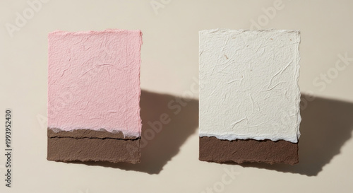 Textured handmade paper cards; pink and cream layered over brown with torn edges casting soft shadows on a minimalist beige background ideal for craft.