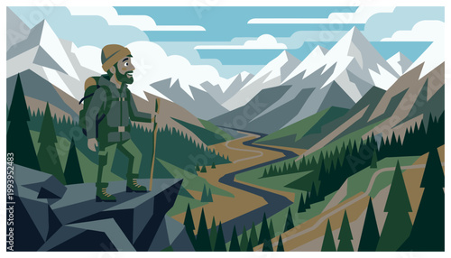 Man standing on mountain peak overlooking valley.