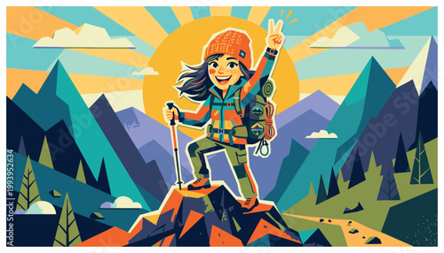 a cartoon girl on a mountain peak.
