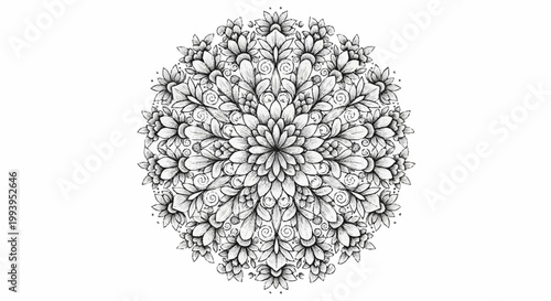 Intricate Black and White Mandala Design with Floral Elements.