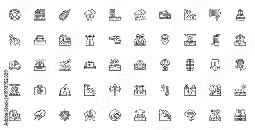 Natural Disaster icon set. Emergency vector symbols pack. Includes lifesaver, earthquake, tsunami, wildfire, hurricane, volcano, ambulance and more. Editable stroke.