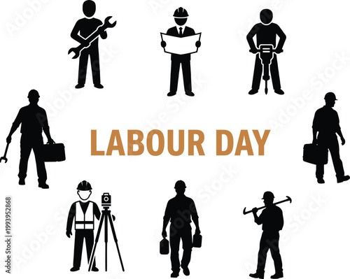 International labour day celebration with various construction worker silhouettes and industrial profession icons set