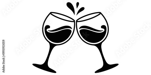 Two wine glasses clinking together with splashes of red wine, symbolizing celebration and toast. Vector, illustration