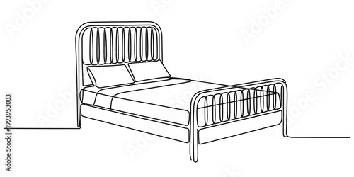 A simple line drawing of a bed with two pillows and a duvet, featuring a rounded headboard and footboard with vertical slats, rendered on a white background. Vector, illustration