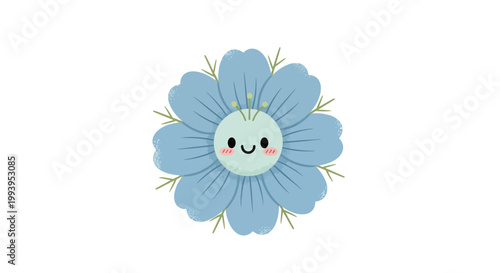Adorable cartoon blue flower with a cheerful smiling face, a delightful vector illustration for children's designs, playful graphics, and charming nature-inspired projects, embodying joy and innocence