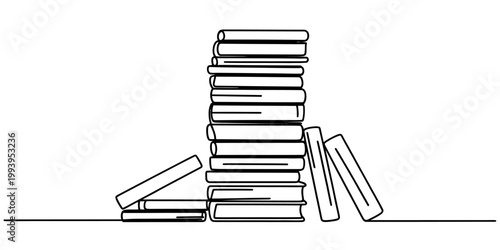 A minimalist line drawing depicts a tall stack of books leaning slightly to the right, with a few more books casually placed at the base, suggesting a study or library setting. Vector, illustration