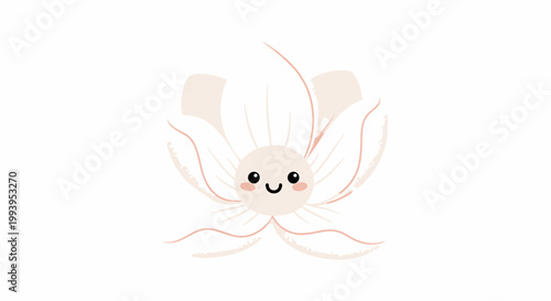 Cute pink and white flower character illustration with a happy face and delicate petals