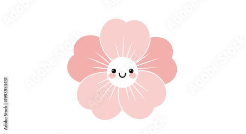 Cute pink flower cartoon illustration with a happy smiling face, ideal for sweet spring designs and cheerful children's themes, embodying a joyful botanical spirit