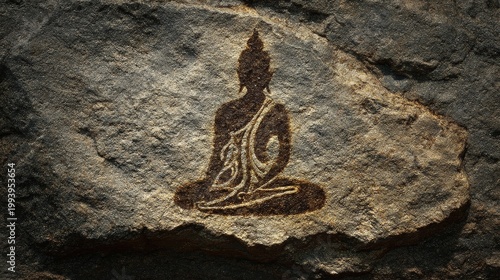 Stylized meditating figure on a natural stone, space top left.