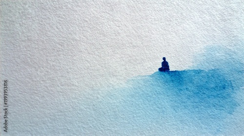 Watercolor wash, highly minimalist. A simple wash of pale blue covering the page, with a single, small, unpainted area forming the shape of a person meditating.