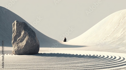 Zen Garden concept, a single stone (boulder) in the foreground, soft raked sand, and a faint outline of a meditating figure in the distance. Monochromatic color palette (shades of grey and white).