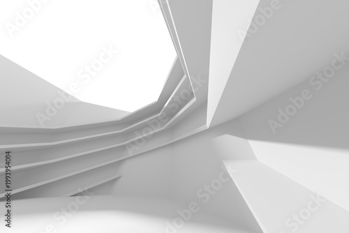 Minimal white abstract architectural interior with layered angular steps and sculptural forms for modern background and wallpaper design.3d render