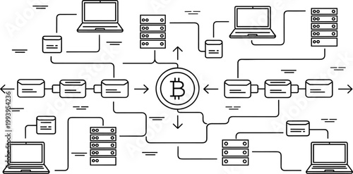 Bitcoin Blockchain Network Illustration with Computers Servers Data Nodes Cryptocurrency Technology Line Art Vector Design