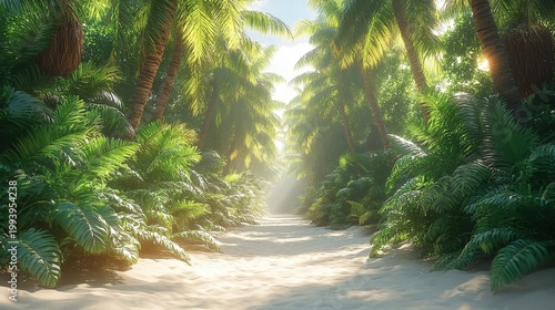 Tropical Pathway Through Lush Green Jungle Foliage With Bright Sunlight Streaming Through Palm
