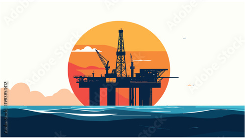 vector of offshore oil refinery at sunset