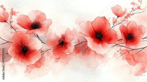 Delicate Watercolor Poppies Bloom in Soft Light Across White Background