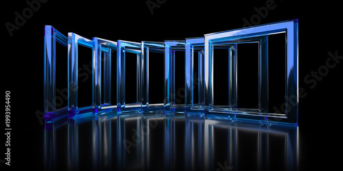 Blue transparent glass frame sequence curved arrangement for modern technology background and exhibition banner design.3d render