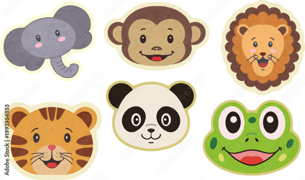 Obraz premium Cute Animal Faces Sticker Set – Elephant Monkey Lion Tiger Panda Frog Cartoon Illustration