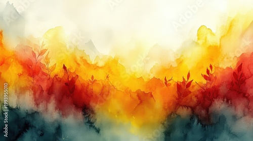 Vibrant Watercolor Forest Landscape With Orange Yellow Red Hues And Dark Blue Foreground