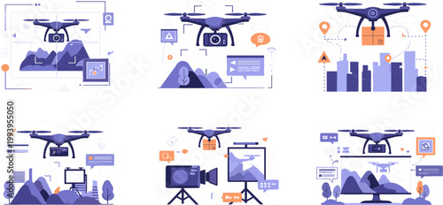 Drone Technology Illustration Set with Camera Delivery Mapping Aerial Photography Navigation and Smart Flight Vector CollectionDrone Technology Illustration Set 