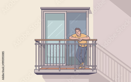 Man standing on balcony railing looking outside window