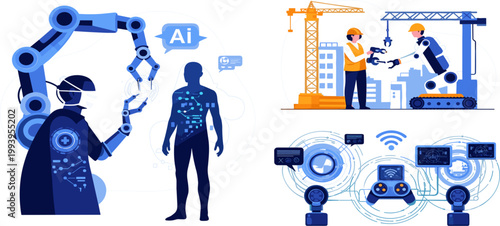 Artificial Intelligence Robotics Illustration Set with Smart Construction Human Interaction Gaming Control and Future Technology Vector Collection