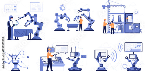 Robotics Automation Illustration Set with Smart Manufacturing Construction Surgery AI Machines and Digital Control Vector Collection