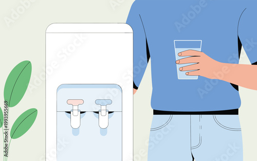 Man holds glass near water cooler with green plant nearby indoors