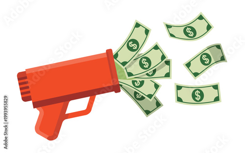 A cartoon gun fires dollars into the air with cash flying out