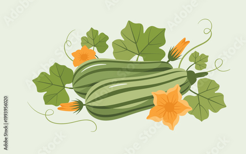 A vibrant green squash surrounded by lush leaves and bright orange flowers in a natural setting.
