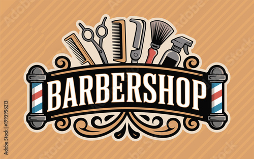 A sign with various barber tools and text reads Barbershop in interior