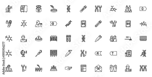 DNA Test icon set. Vector illustration with symbols for microscope, centrifuge, blood sample, test tube, swab, genetics, paternity, ancestry, chromosome, and laboratory analysis.