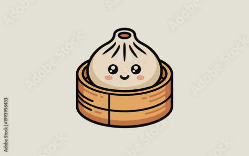 Cute dumpling character sitting in a bamboo steamer basket indoors