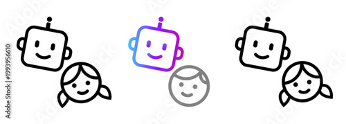 Cute robot chatbot icons set for kids education and safe artificial intelligence interaction friendly bot characters with boy and girl faces for school technology apps and creative learning
