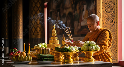 A monk in saffron robes lights thin incense sticks over a golden altar decorated with lotus flowers and offerings inside a temple
