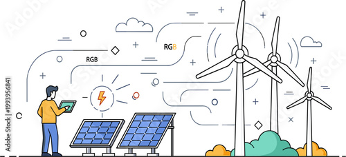 Eco System Illustration with Solar Panels Wind Turbines Renewable Energy and Sustainable Environment Vector Design