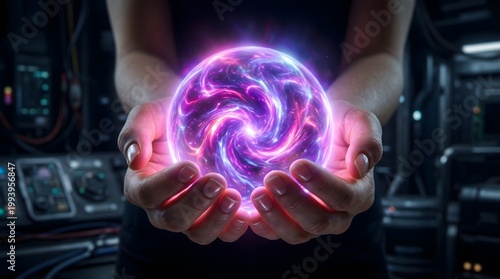 A person cradles a glowing purple and pink swirling orb in their cupped hands in a dark futuristic setting