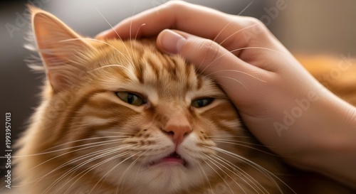 Hand petting orange tabby cat finding comfort