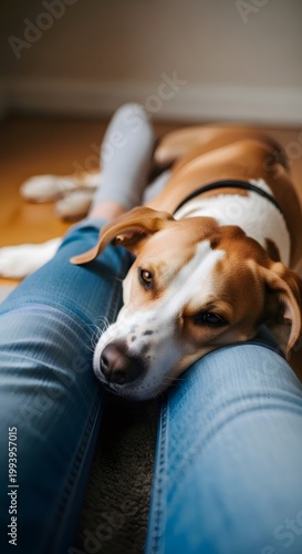 Dog resting head on owner's lap