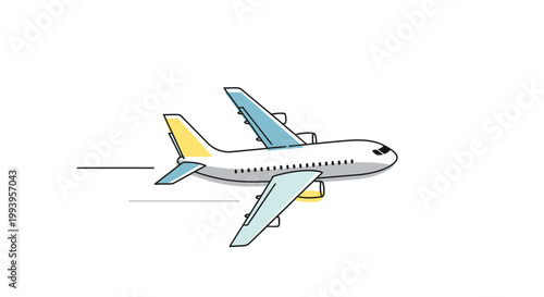 Airplane flying through clear sky.