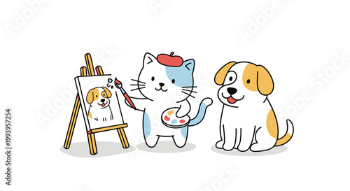 Cat painting with dog watching art.