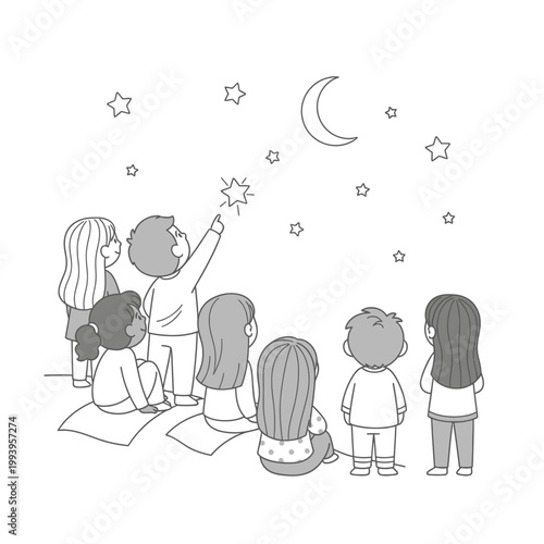 children looking at stars and moon.