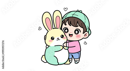 Child Hugging Cartoon Rabbit Friend.
