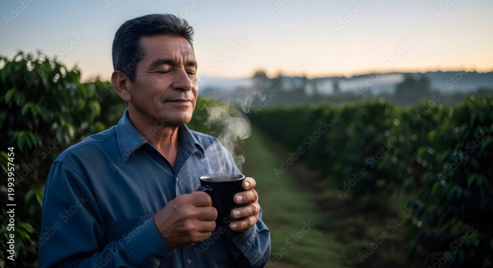 Fototapeta premium Farmer smelling coffee aroma in plantation at sunrise