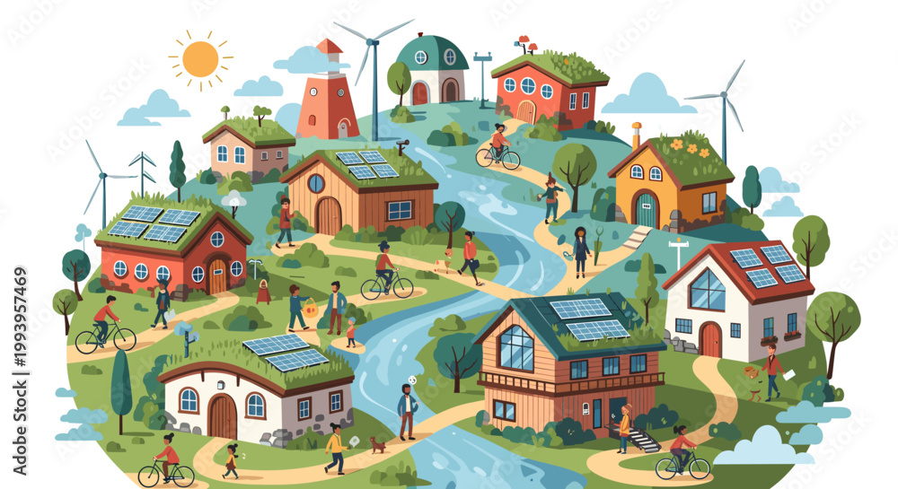 Naklejka premium A vibrant, sustainable community with eco-friendly homes, solar panels, wind turbines, and people enjoying green spaces and cycling.