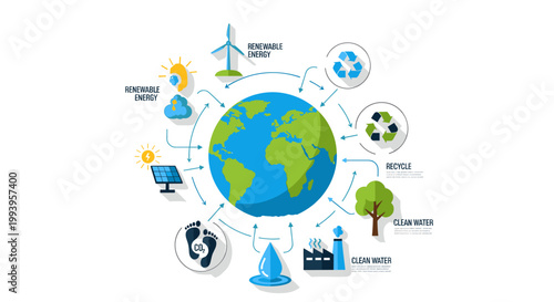 Fotografia Illustration of Earth surrounded by icons representing renewable energy, recycling, clean water, and environmental footprints, symbolizing sustainability and ecological balance