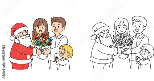 Santa Claus Giving a Flower Bouquet to a Happy Family, Christmas Coloring Page and Color Vector Illustration Set for Kids Activity