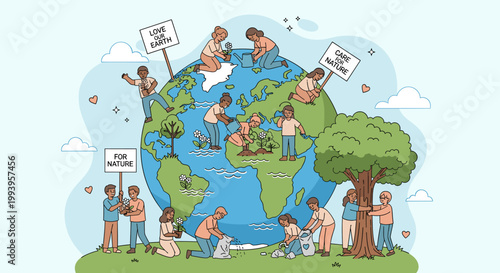Diverse group of people actively engaged in environmental conservation efforts around the globe, planting trees, cleaning up litter, and holding signs promoting nature and Earth.